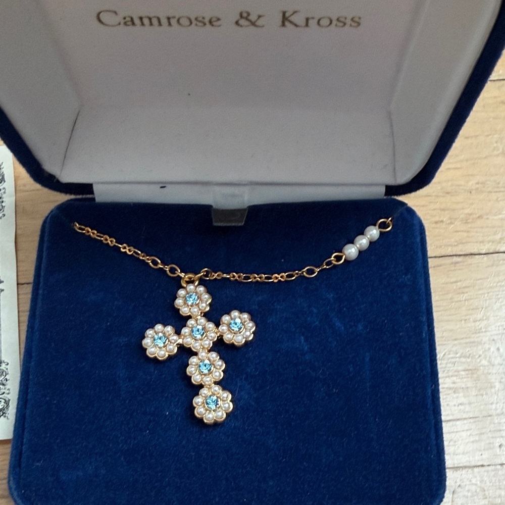 Gold-Tone Floral Cross Necklace with Blue Crystals and Pearl Accent